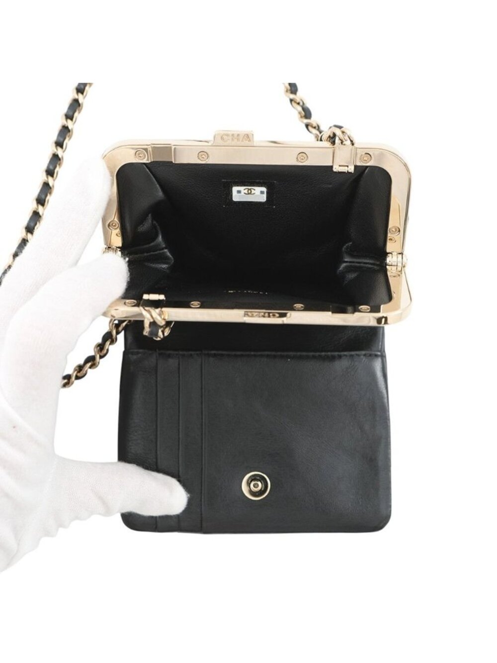Chanel Chain Wallet Quilted CC Logo Kiss Lock Bifold Leather Black - Picture 6 of 10